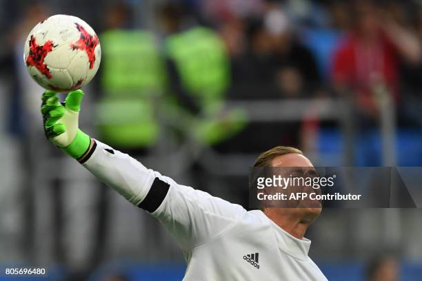 Germany's goalkeeper Marc-Andre Ter Stegen warms up prior to the start of the 2017 Confederations Cup final football match between Chile and Germany...
