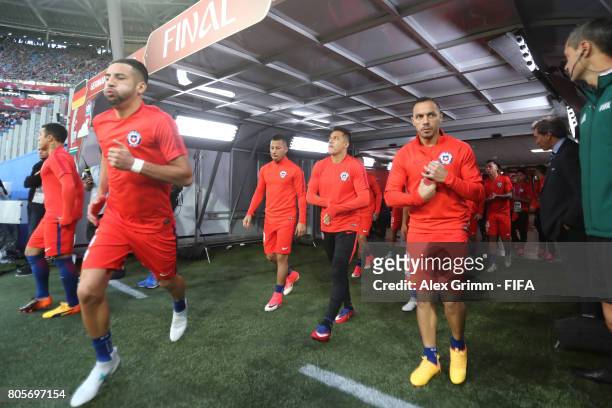 The Chile team walk out to warm up prior to the FIFA Confederations Cup Russia 2017 Final between Chile and Germany at Saint Petersburg Stadium on...