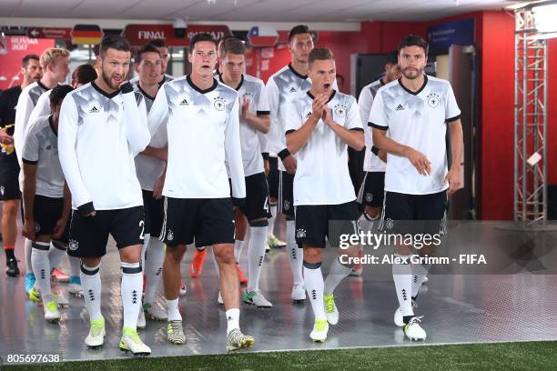 The Germany team walk out to warm up prior to the FIFA Confederations Cup Russia 2017 Final between Chile and Germany at Saint Petersburg Stadium on...