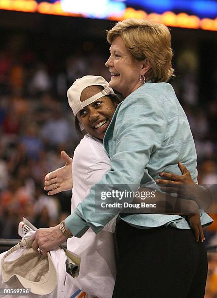 Shannon Bobbitt and head coach Pat Summitt of the Tennessee Lady Volunteers celebrate their 64-48 win against the Stanford Cardinal during the...