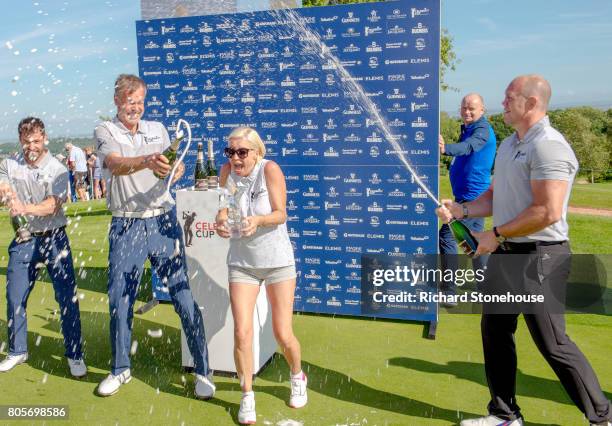 The English Team Kelvin Fletcher, Peter Jones, Denise Van Outen and Mike Tindall celebrate their win with Denise Van Outen getting showered with...