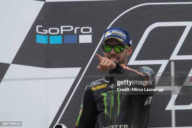 Jonas Folger of Germany and Monster Yamaha Tech 3 celebrates the second place on the podium at the end of the MotoGP race during the MotoGp of...