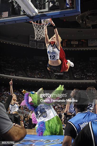 Dunking dancer of the Orlando Magic goes up for the shot during the game against the Philadelphia 76ers at the Amway Arena on February 22, 2008 in...
