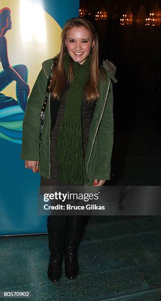 Actress Emily Osmet poses as she visit backstage at "Disney's The Little Mermaid" on Broadway at The Lunt Fontanne Theater on December 18, 2007 in...