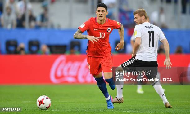 Pablo Hernandez of Chile takes the ball past Timo Werner of Germany during the FIFA Confederations Cup Russia 2017 Final between Chile and Germany at...