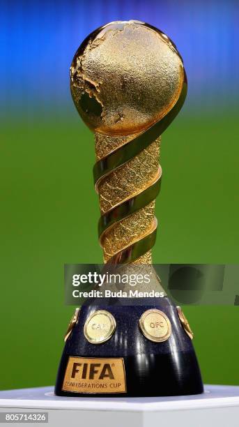 The Confederations Cup trophy is seen prior to the FIFA Confederations Cup Russia 2017 Final between Chile and Germany at Saint Petersburg Stadium on...