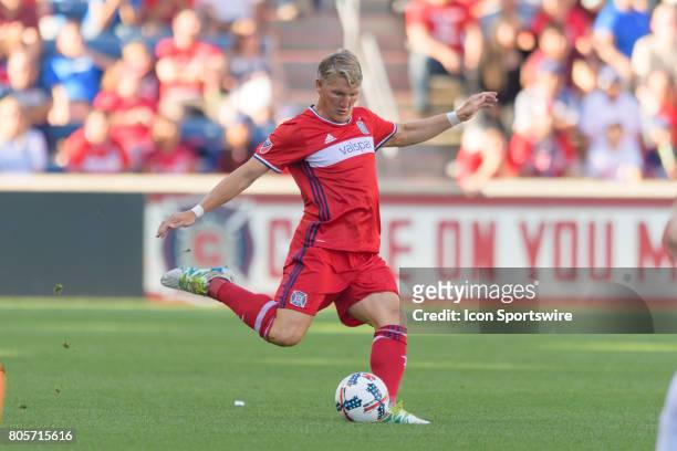 Chicago Fire midfielder Bastian Schweinsteiger kicks the ball in the first half during an MLS soccer match between the Vancouver Whitecaps FC and the...