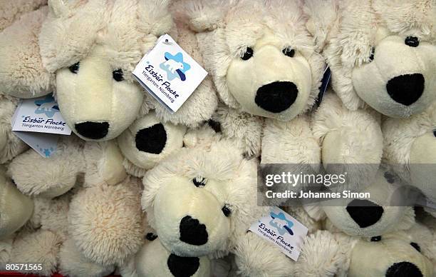 Toy polar bears, depicting Flocke, the three-month old polar bear cub, are displayed in front of a zoo shop at the Nuremberg Zoo on April 9, 2008 in...