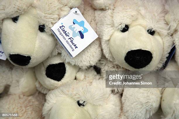 Toy polar bears, depicting Flocke, the three-month old polar bear cub, are displayed in front of a zoo shop at the Nuremberg Zoo on April 9, 2008 in...