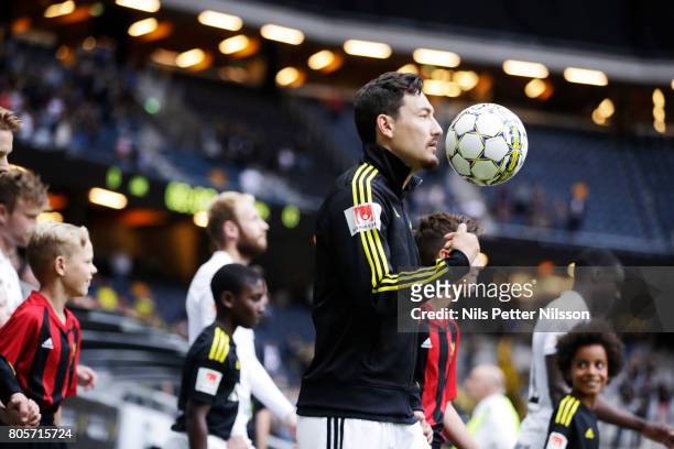 Stefan Ishizaki of AIK walks on the pitch prior to the Allsvenskan match between AIK and Ostersunds FK at Friends arena on July 2, 2017 in Solna,...