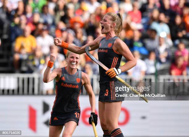 Caia van Maasakker of the Netherlands celebrates after scoring during the final of the Fintro Hockey World League Semi-Final tournament between the...