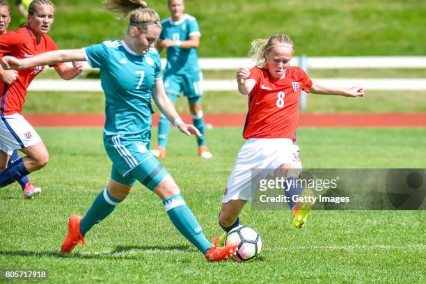 Laura Haas of Germany challenges Julie Blakstad of Norway during the Nordic Cup 2017 match between U16 Girl's Germany and U16 Girl's Norway on July...