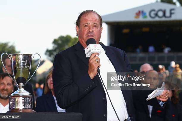 Broadcaster Chris Berman of ESPN speaks during the trophy presentation after Jordan Spieth of the United States , won the Travelers Championship in a...