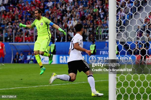 Claudio Bravo of Chile reacts after Lars Stindl of Germany scored the opening goal during the FIFA Confederations Cup Russia 2017 Final match between...