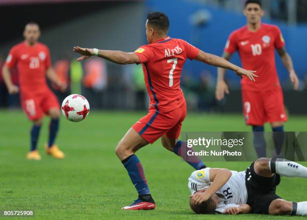 Alexis Sanchez of the Chile national football team and Joshua Kimmich of the Germany national football team vie for the ball during the 2017 FIFA...