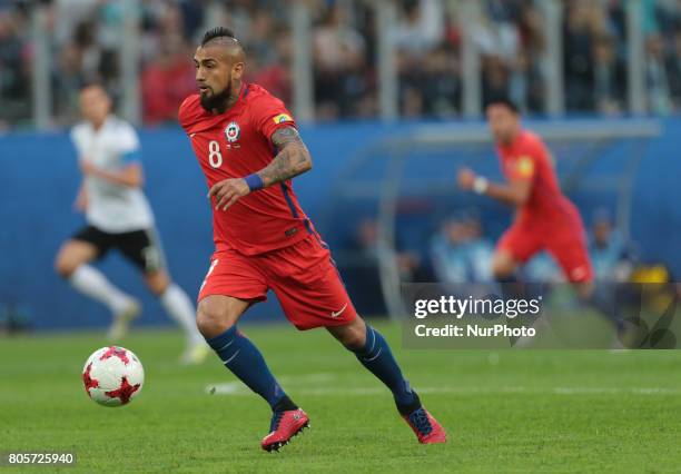 Arturo Vidal of the Chile national football team vie for the ball during the 2017 FIFA Confederations Cup final match between Chile and Germany at...