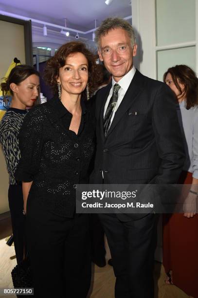 Audrey Azoulay and Geoffroy de la Bourdonnaye attend Guy Bourdin inaugural exhibition and unveiling of Maison Chloe as part of Paris Fashion Week at...