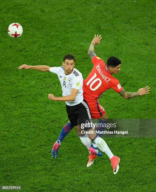 Leon Goretzka of Germany and Pablo Hernandez of Chile battle to win a header during the FIFA Confederations Cup Russia 2017 Final between Chile and...