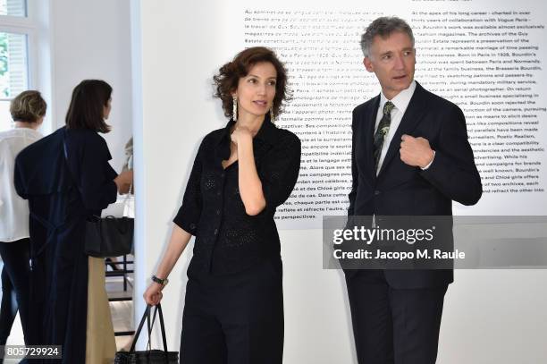 Audrey Azoulay and Geoffroy de la Bourdonnaye attend Guy Bourdin inaugural exhibition and unveiling of Maison Chloe as part of Paris Fashion Week at...