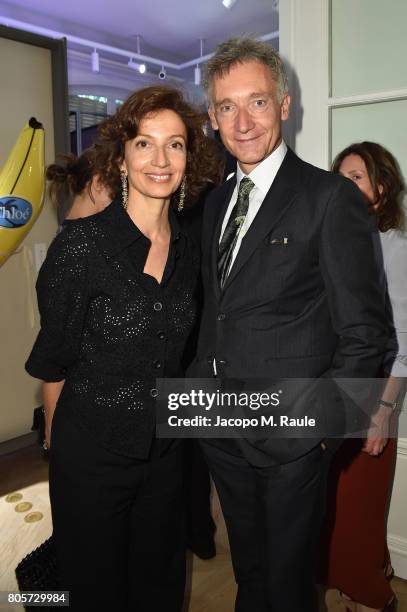 Audrey Azoulay and Geoffroy de la Bourdonnaye attend Guy Bourdin inaugural exhibition and unveiling of Maison Chloe as part of Paris Fashion Week at...