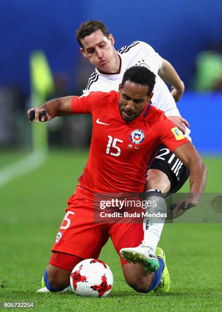 Jean Beausejour of Chile and Sebastian Rudy of Germany battle for possession during the FIFA Confederations Cup Russia 2017 Final between Chile and...