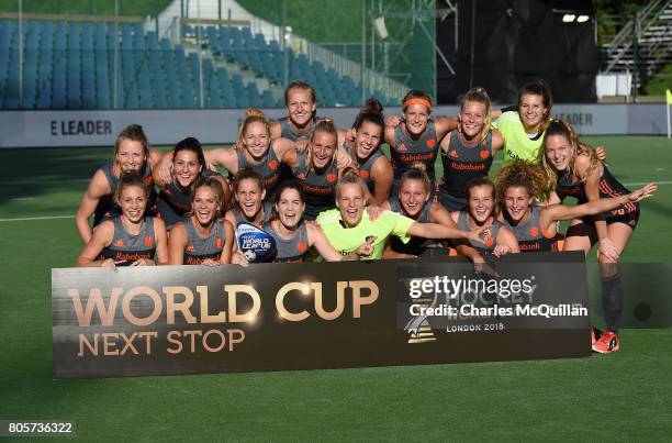 The Netherlands celebrate their qualification for the Hockey Women's World Cup following the Fintro Hockey World League Semi-Final tournament on July...