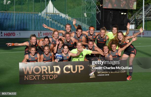 The Netherlands celebrate their qualification for the Hockey Women's World Cup following the Fintro Hockey World League Semi-Final tournament on July...