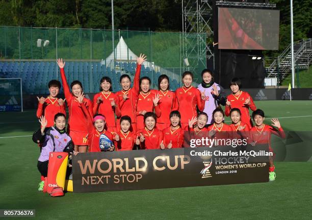 China celebrate their qualification for the Hockey Women's World Cup following the Fintro Hockey World League Semi-Final tournament on July 2, 2017...