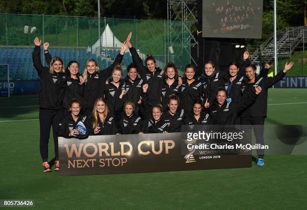 New Zealand celebrate their qualification for the Hockey Women's World Cup following the Fintro Hockey World League Semi-Final tournament on July 2,...