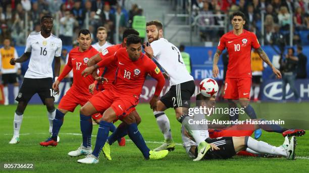 Gonzalo Jara of Chile attemtps to get to the ball during the FIFA Confederations Cup Russia 2017 Final between Chile and Germany at Saint Petersburg...