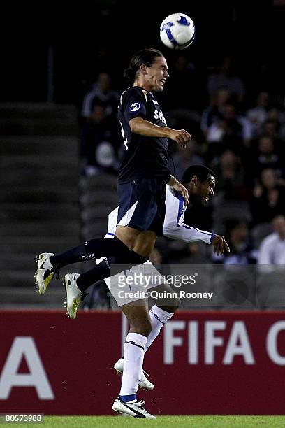 Rodrigo Vargas of the Victory heads the ball during the AFC Champions League Group G match between the Melbourne Victory and Gamba Osaka at Telstra...