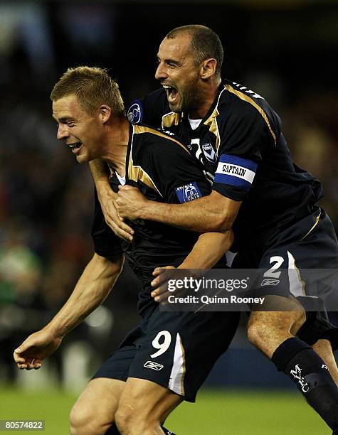 Kevin Muscat and Daniel Allsopp of the Victory celebrate Danny Allsopp's second goal during the AFC Champions League Group G match between the...