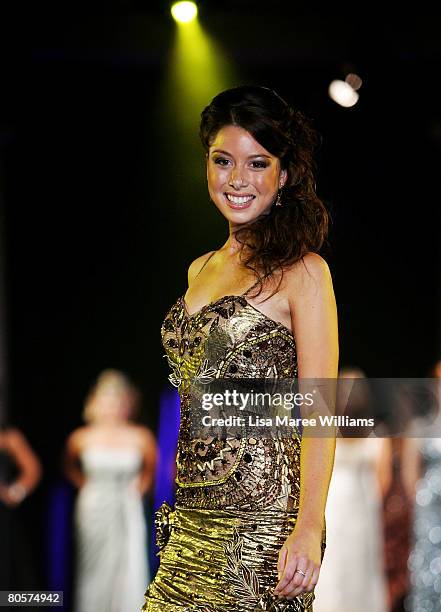 Katie Richardson competes in the formal wear section of the Miss World Australia Pageant at the Star City Grand Ballroom on April 9, 2008 in Sydney,...