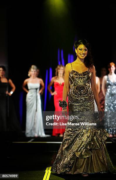 Katie Richardson competes in the formal wear section of the Miss World Australia Pageant at the Star City Grand Ballroom on April 9, 2008 in Sydney,...