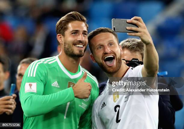 Kevin Trapp of Germany and Shkodran Mustafi of Germany take a selfie photograph after the FIFA Confederations Cup Russia 2017 Final between Chile and...