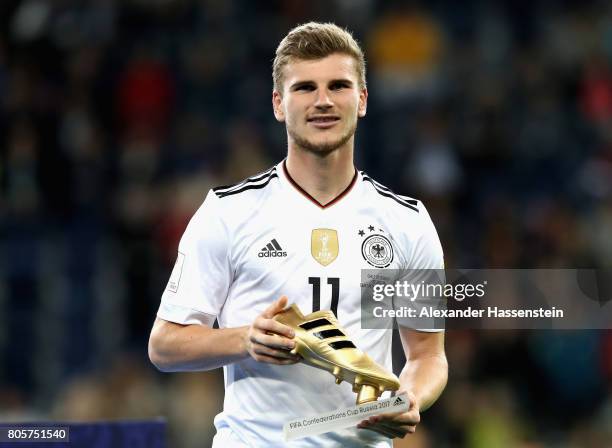 Timo Werner of Germany poses with the golden boot award after the FIFA Confederations Cup Russia 2017 Final between Chile and Germany at Saint...