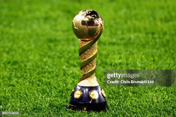 The FIFA Confederations Cup trophy sits on the pitch after the FIFA Confederations Cup Russia 2017 Final match between Chile and Germany at Saint...