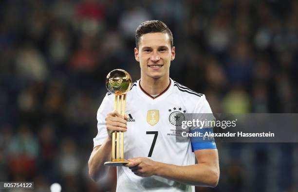 Julian Draxler of Germany poses with the golden ball award after the FIFA Confederations Cup Russia 2017 Final between Chile and Germany at Saint...