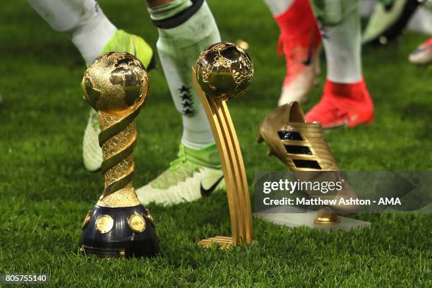 General View of the Confederations Cup trophy, golden goal trophy and golden boot trophy at the end of the FIFA Confederations Cup Russia 2017 Final...