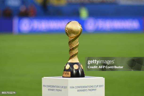 The winner's trophy is displayed prior to the start of the 2017 Confederations Cup final football match between Chile and Germany at the Saint...