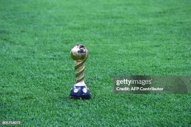 Picture shows the trophy on the pitch at the end of the 2017 Confederations Cup final football match between Chile and Germany at the Saint...