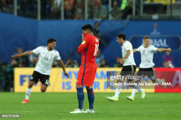 Gonzalo Jara of Chile looks dejected at the end of the FIFA Confederations Cup Russia 2017 Final match between Chile and Germany at Saint Petersburg...
