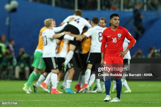 Gonzalo Jara of Chile looks dejected at the end of the FIFA Confederations Cup Russia 2017 Final match between Chile and Germany at Saint Petersburg...