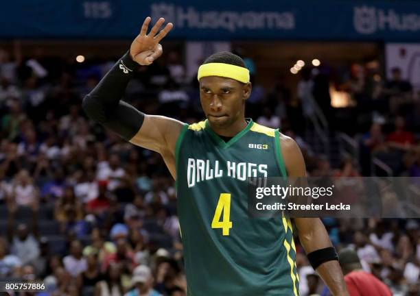 Derrick Byars of the Ball Hogs reacts during week two of the BIG3 three on three basketball league at Spectrum Center on July 2, 2017 in Charlotte,...