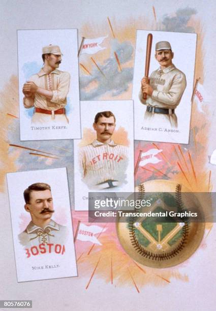 An A&G Tobacco album advertisement depicts four stars of 19th century American baseball, 1887. Pictured are: American athletes Timothy 'Tim' Keefe ,...