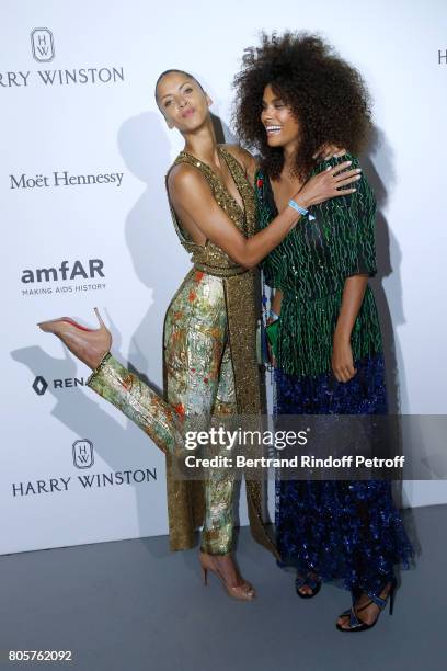 Models Noemie Lenoir and her daughter Tina Kunakey attend the amfAR Paris Dinner 2017 at Le Petit Palais on July 2, 2017 in Paris, France.