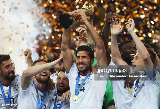 Emre Can of Germany lifts the FIFA Confederations Cup trophy after the FIFA Confederations Cup Russia 2017 Final between Chile and Germany at Saint...