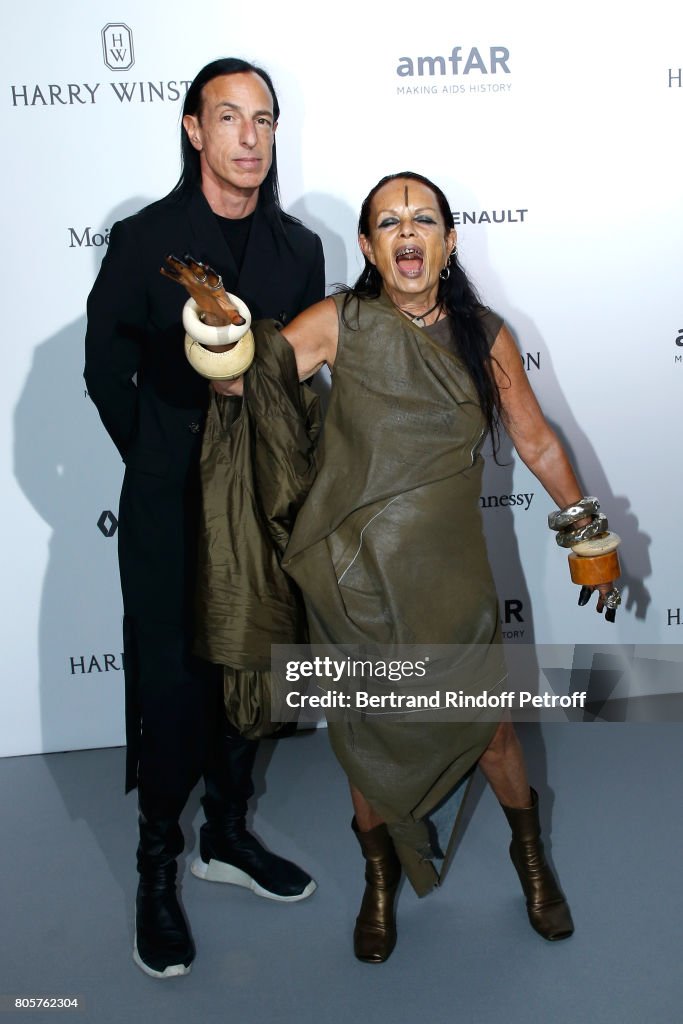 Rick Owens and Michele Lamy attend the amfAR Paris Dinner 2017 at Le ...