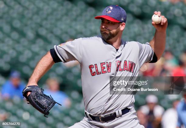 Boone Logan of the Cleveland Indians pitches against the Detroit Tigers during the ninth inning at Comerica Park on July 2, 2017 in Detroit,...