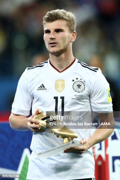 Timo Werner of Germany poses with the golden boot at the end of the FIFA Confederations Cup Russia 2017 Final match between Chile and Germany at...